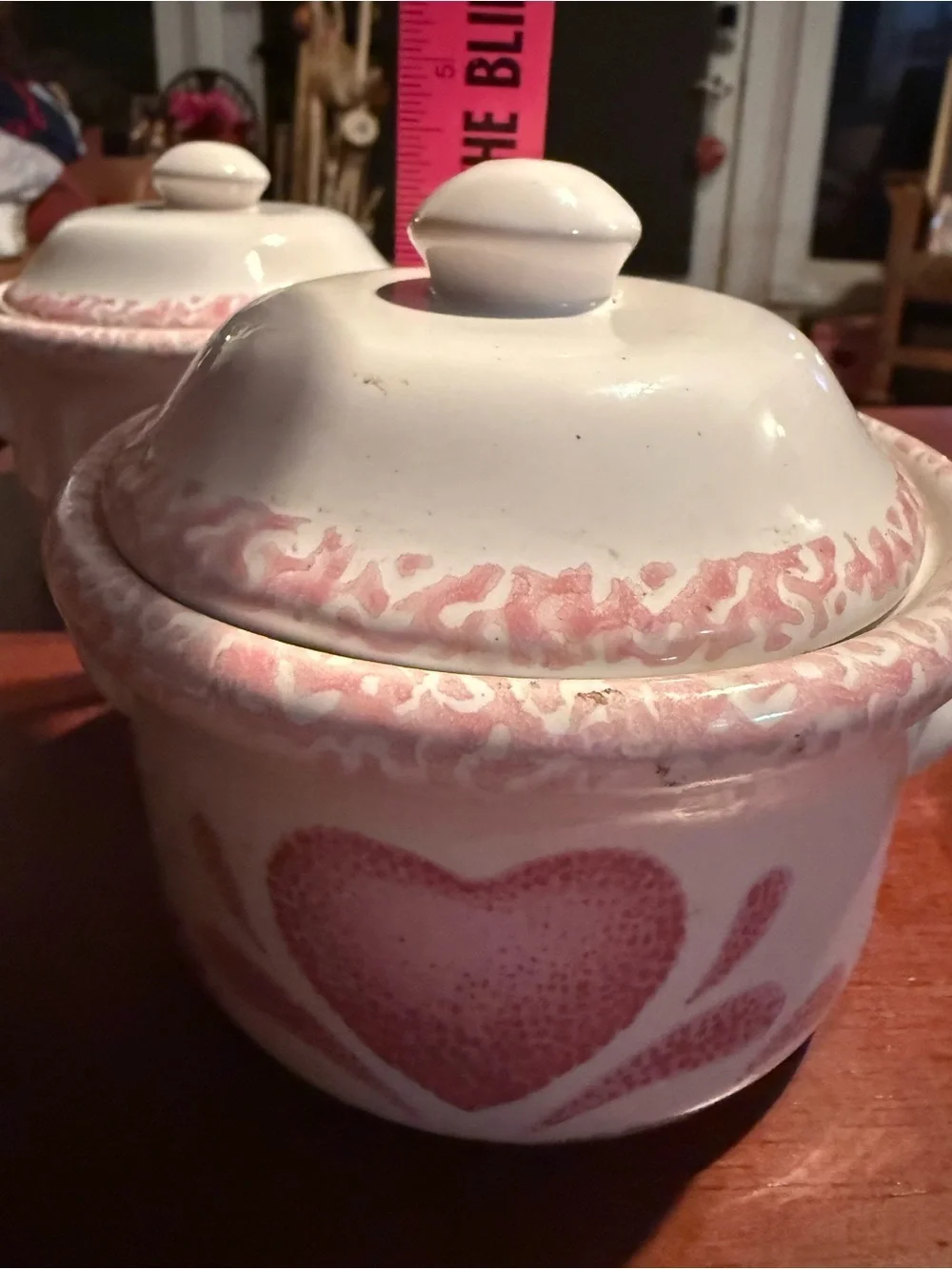 Vintage 5'' Crocks With Lids Pink Country Heart Design Set Of 2